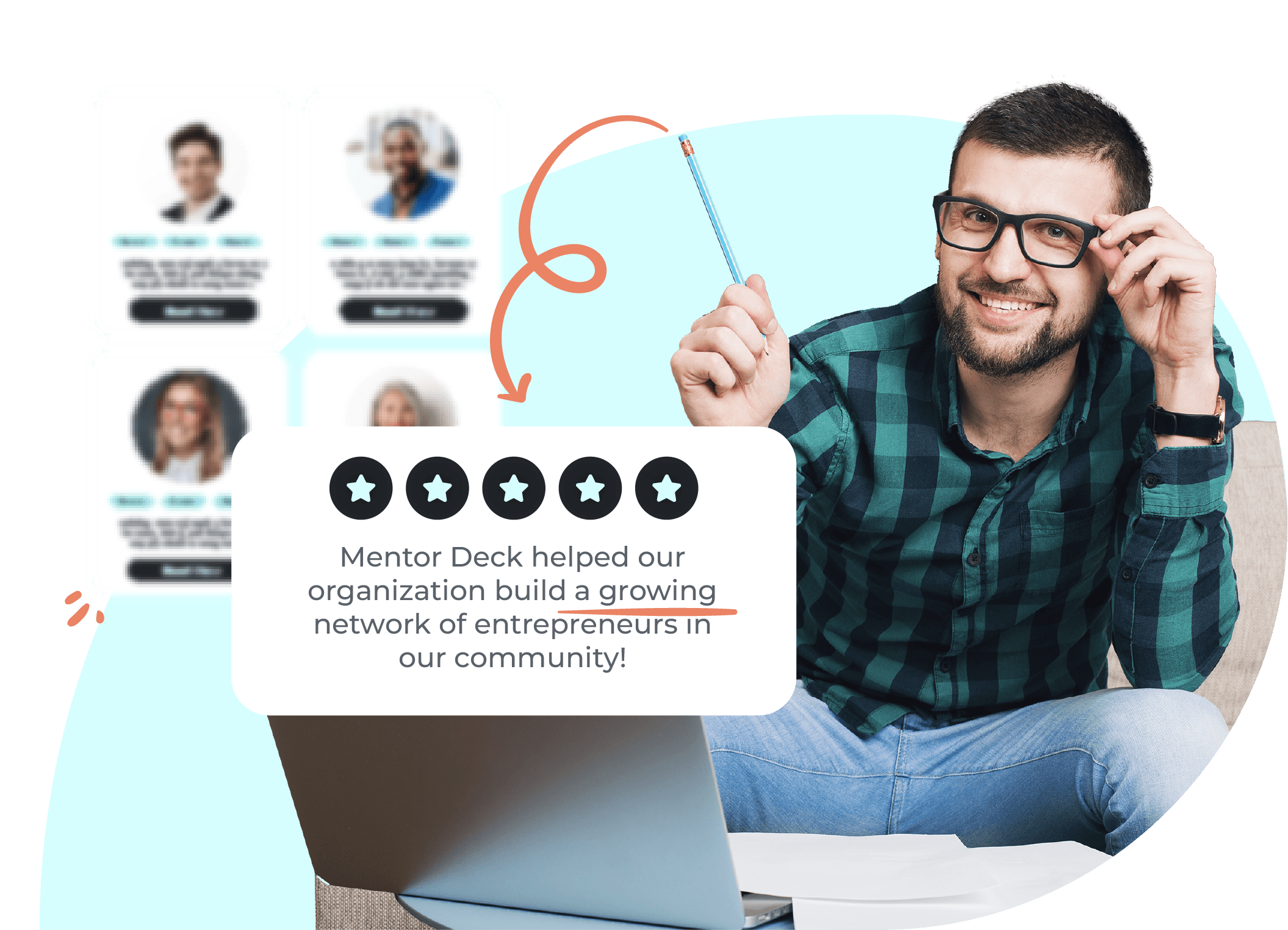 Student browsing MentorDeck mentor directory on laptop with testimonial