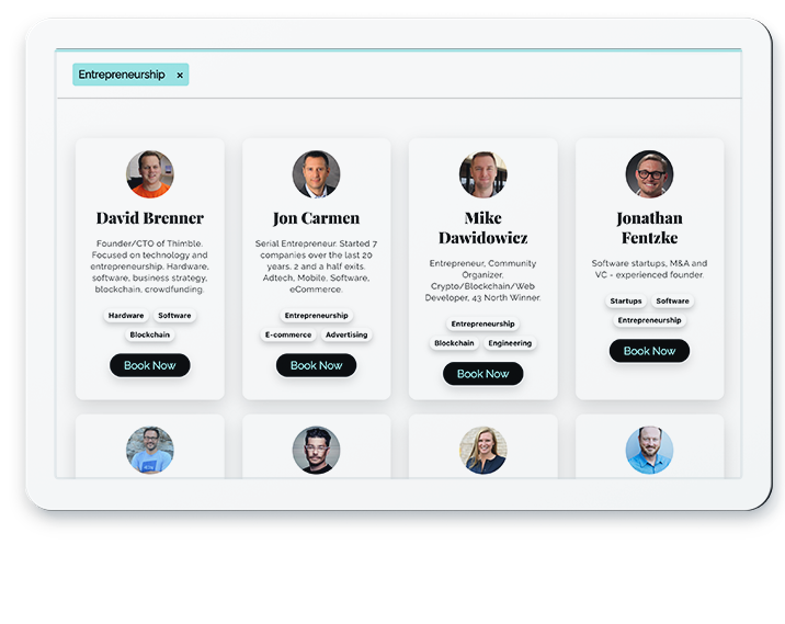 MentorDeck browsable directory grid with mentor cards